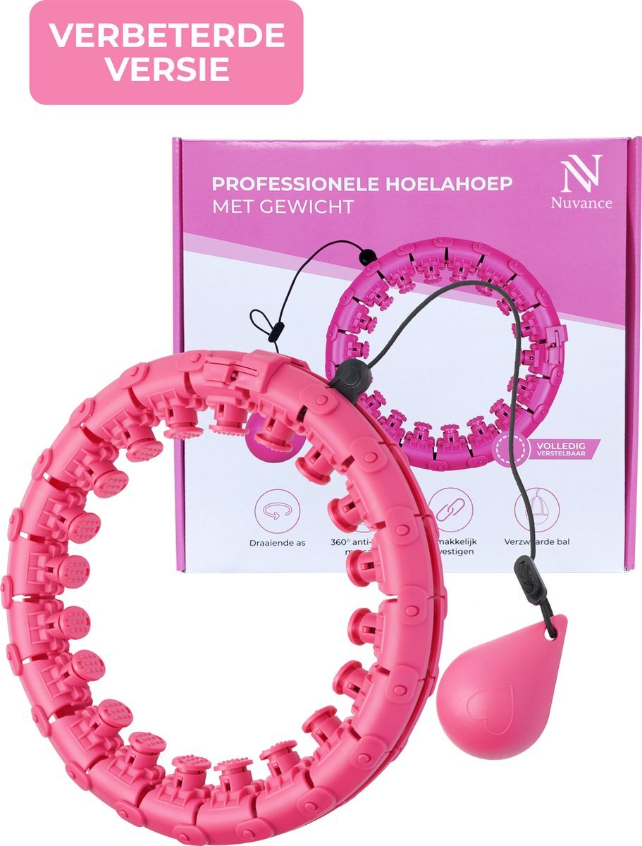 Nuvance - Verstelbare Fitness Hoelahoep met Gewicht - voor Volwassenen en Kinderen - Weighted Hula Hoop - Smart Hoepel - Roze