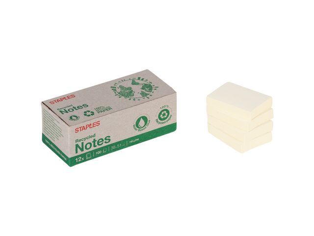 Staples Recycled Self-Adhesive Notepad - Pastel Yellow
