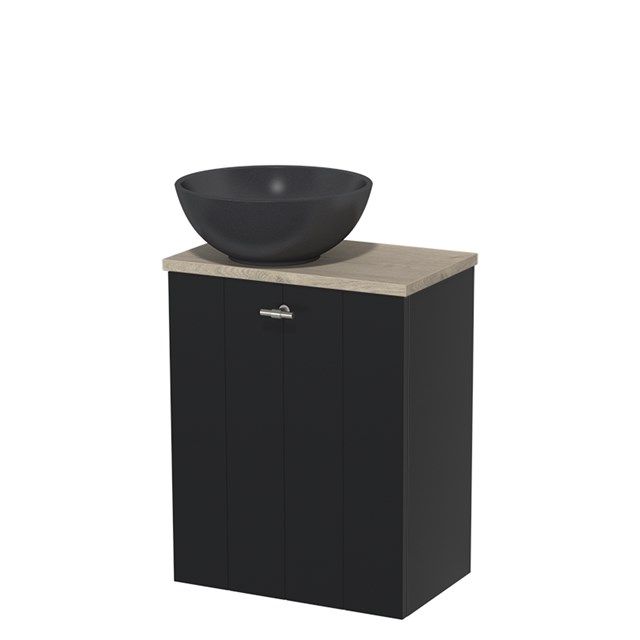 Maxaro Toiletmeubel met Waskom Quartz Modulo Mat Zwart Lamel 41 cm Lichtgrijs Eiken Blad