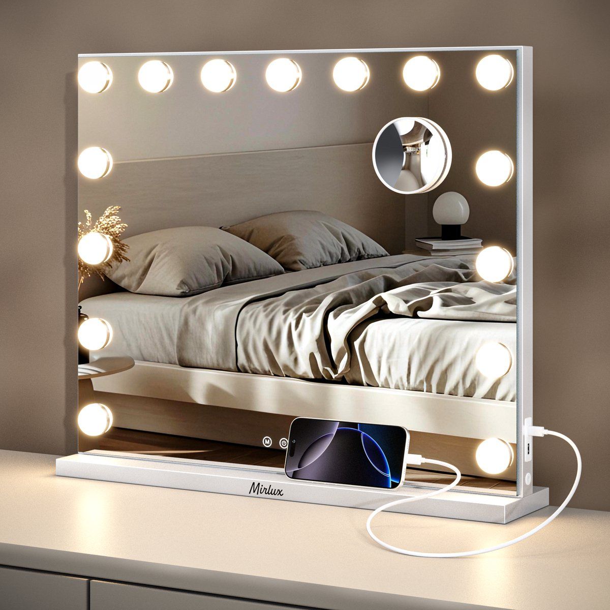 Mirlux Hollywood Spiegel 58x48CM - USB & USB-C Oplaadpoort - 10x Zoom - 3 Dimbare lichtstanden - Make Up Spiegel - LED Verlichting - Wit