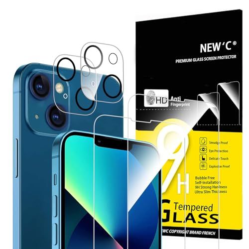 NEW'C Set van 4, 2 x Screen Protector voor iPhone 13 (6,1 Inch) en 2 x Camera Lens Protector - Gehard Glass Schermbeschermer - Luchtbelvrij - Ultrabestendig - 9H hardheidsglas
