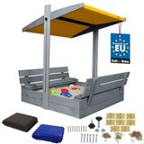 KOTARBAU® Houten Zandbak - 100 x 100 cm - Grijs - Zandbak met Bankjes - met Geel Dak - en Grondzeil - voor Tuin - Buitenspeelgoed