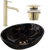 REA Sofia Opzetwastafel Zwart + Wastafelkraan Lungo High Goud + Kurk Goud
