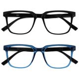 OPULIZE LEO Leesbril - 2-Pack - Groot Rechthoekig Montuur - Zwart, Blauw - Heren Dames - Veerscharnieren - RR55-13 - +2.00
