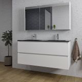 Saniclass Chaci Badkamermeubelset - 120x46x55cm - keramische wastafel zwart - 2 wasbakken - 2 kraangaten - 2 lades - spiegelkast - mat wit