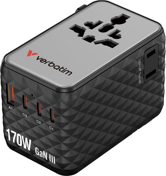 Verbatim Charge 'n' Travel - Netspanningsadapter - GaN III, universeel - 170 Watt - 10 A - Power Delivery 3.0 + PPS, stroomtoevoer 3.1, QC 3.0, QC 4.0+, USB BC 1.2, AFC - 4 uitgangsaansluitingen (USB-C, USB) - zwart