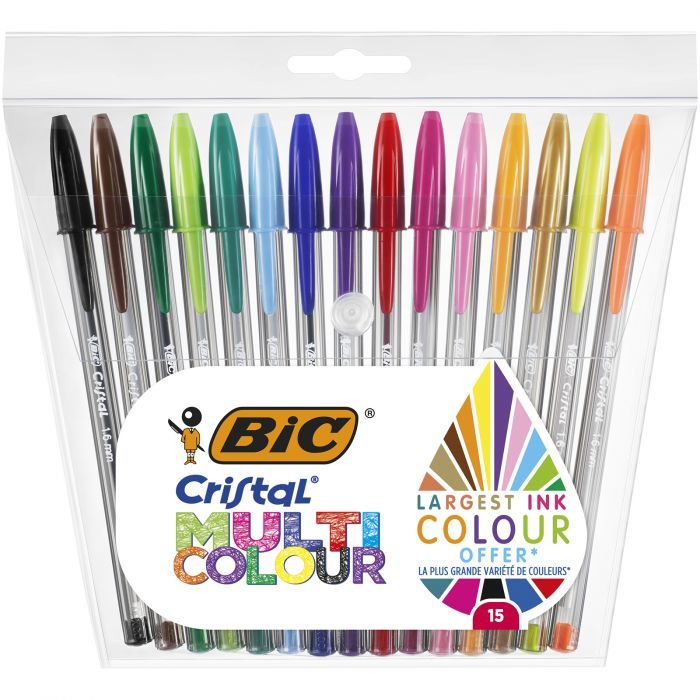 BIC Cristal Multicolour Stick Ballpoint Pens - 15 Pack - Assorted Colors
