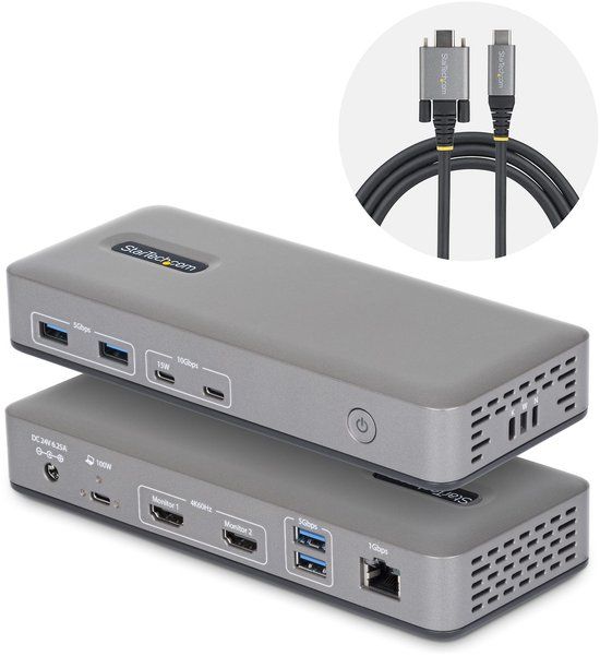 StarTech.com Dual-Monitor USB-C Docking Station, HDMI, 4K 60Hz, 100W Laptop Charging, 1GbE, Driverless, Multi-Monitor Dock voor Windows