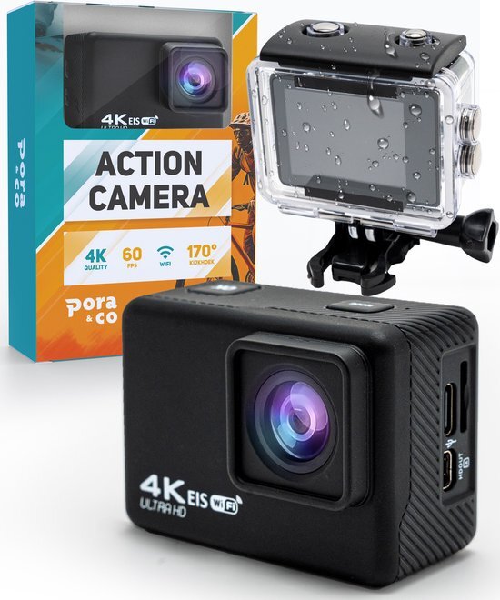 Pora&amp;Co - Action camera - 4K - 16MP - 60FPS / 30M Waterdicht / WiFi - Inclusief Accessoires - Actiecamera - Onderwatercamera
