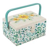 Hobby Gift Exclusieve medium naaidoos, knutseldoos, accessoirelade, speldenkussen, PVC-handgreep, 18,5 x 25,5 x 14,5 cm, geborduurde eucalyptus