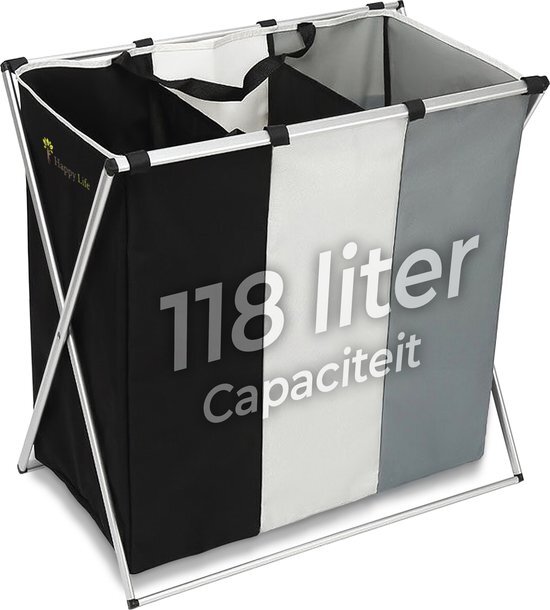 Happy Life – Wassorteerder – Wasmand met 3 Vakken – Opvouwbaar – 118 L – Aluminium - Polyester