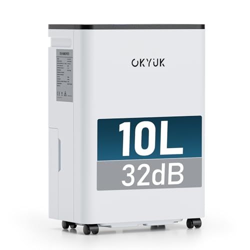 OKYUK Elektrische luchtontvochtiger, 10 liter, met digitale luchtvochtigheidsweergave, luchtontvochtiger voor thuis, 30 m², met automatische uitschakeling, ideaal voor camper, badkamer, kelder (10 l)
