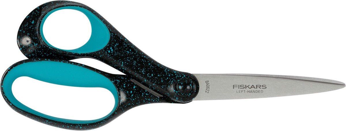 Fiskars Schaar voor jongeren van 15 tot 18 jaar, linkshandig, totale lengte: 20 cm, roestvrij staal/kunststof, zwart/turquoise gespikkeld, 1067869