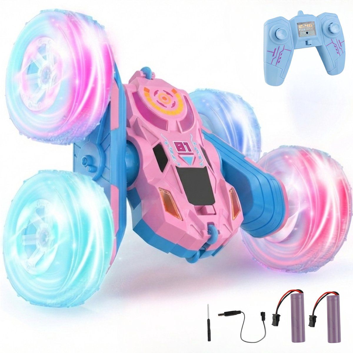 Nexar Bestuurbare Auto - RC Stunt Auto - 360° - Met LED Verlichting & 2 Accu's - Roze