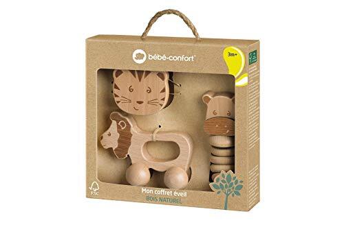Bébé Confort confort 3602202900 Houten babyspeelgoed, duurzaam educatief speelgoed van 100% FSC-hout, schattige cadeauset voor baby's: rolspeelgoed + klokrassel + rammelketting, bruin