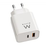 Ewent GaN Fast USB C-oplader, 20 W, 2 poorten, USBC PD + USB-A QC3.0, USB-voeding, multiple snellader voor iPhone/iPad/tablet/smartphone, compact design, wit