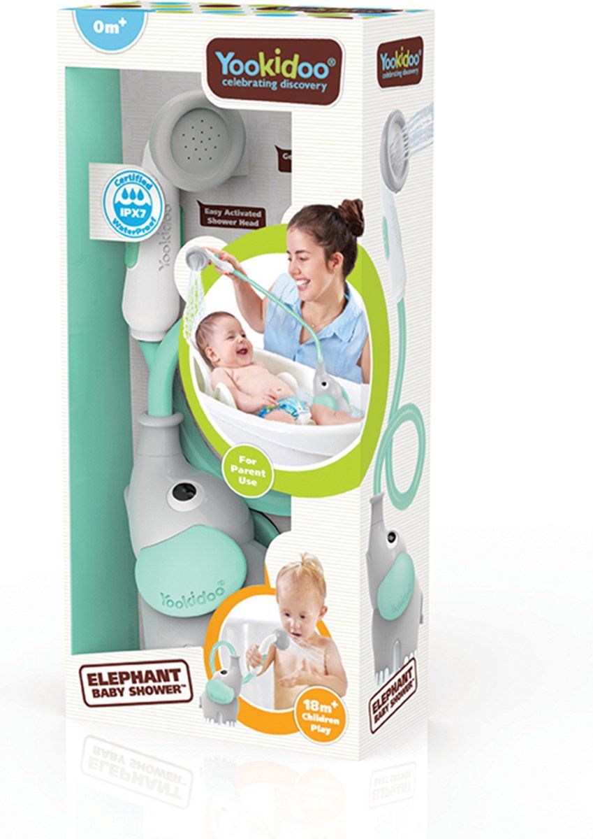 Yookidoo Babydouche olifant in grijs met turquoise