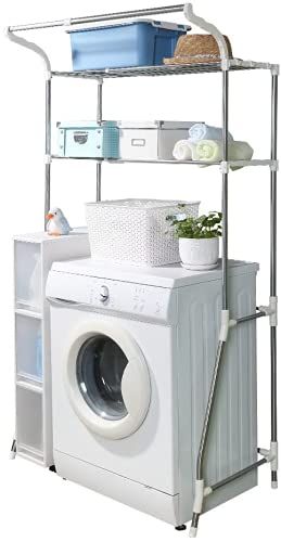 BAOYOUNI Opbergplank Boven de Wasmachine Toilet Opbergrek 2 Planken Badkamer Ruimtebespaarder Wasruimte Organizer met Ophangstang, Eenvoudige Montage, Verstelbare (62-101) x 173 x 48 cm, Ivoor