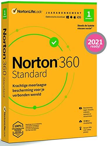 Norton Norton 360 Standard 2021, antivirussoftware, internetbeveiliging, 1 Apparaat, 1 Jaar, Secure VPN en Password Manager, PC, Mac, tablet of smartphone