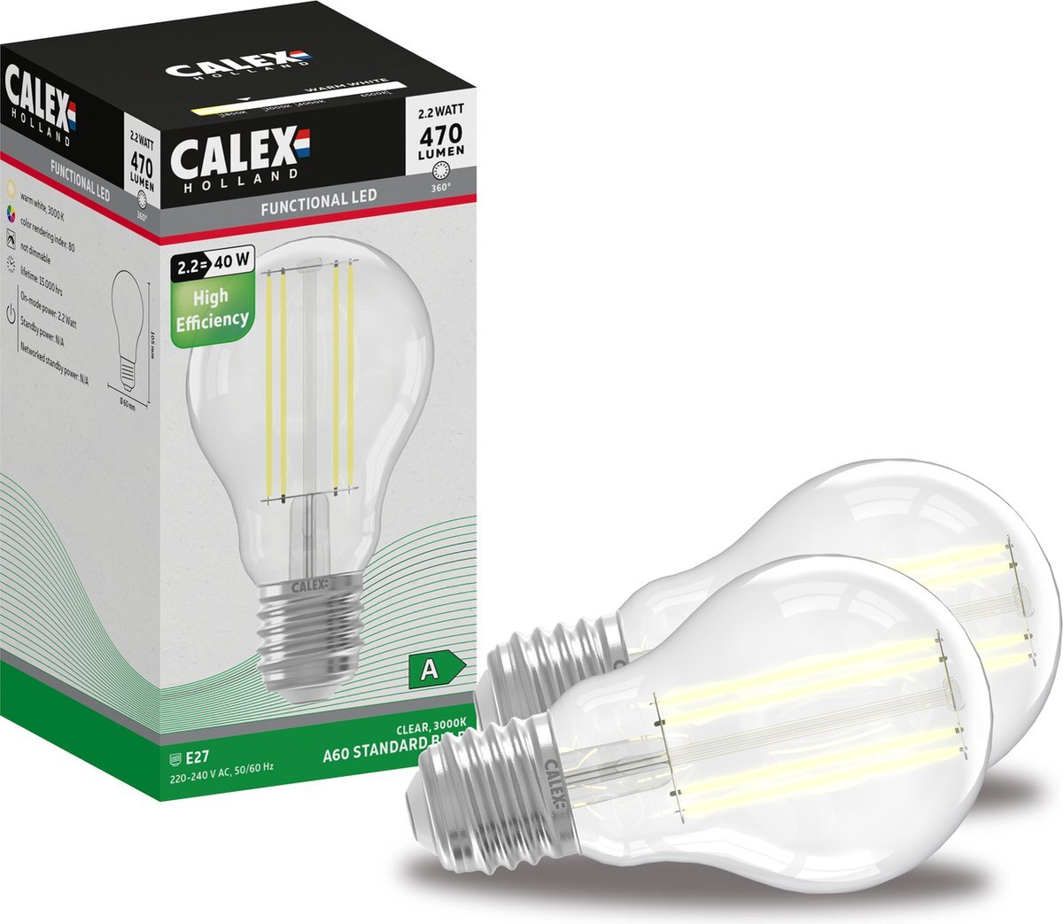 Calex Filament LED Lamp - Set van 2 stuks - 2.2W High Efficiënt A-Label Lamp - E27 Lichtbron - Wit Licht