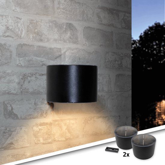 RexTech Solar Wandlamp Buiten 'Sven' - Set van 2 - Zwart - Warm Wit Licht - Zonne-energie