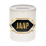 Bellatio Decorations Spaarpot met voornaam Jaap - wit - met goud/zwart embleem - 8 x 9 cm - keramiek - met afsluitdop - cadeau verjaardag