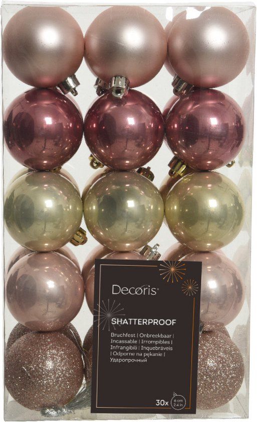 Decoris Kerstballen - 30 stuks - 6 cm - Kunststof - Roze/Champagne