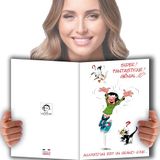 Gaston Lagaffe GLMX-2020 Maxi-kaart "Happy Birthday", 1 jaar ouder, Bravo wijn, champagne, kat, feestdag, groepscadeau, voor volwassenen, handtekening, A4, groot, geïllustreerd + envelop