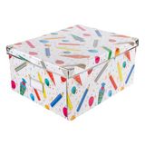 Idena 20225 - Opbergdoos met deksel, schoolmotief, ca. 35 x 28 x 17 cm, opbergmand van stevig karton met versterkte metalen randen, incl. etiketveld