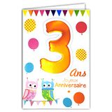 Age Mv 69-2003 wenskaart voor verjaardag, 3 jaar, kinderen, jongens, meisjes, motief uilen, vogels, luchtballonnen