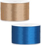 Merkloos Sierlinten/cadeaulinten/satijnen linten - Set 2x stuks - goud en donkerblauw - 38 mm x 25 meter