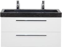 BES LED Seville Badmeubelset 100 cm - Wit Hoogglans - Wastafel Hardsteen Wit Lucca 2 Kraangaten