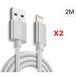 X2 Kabel Metaal Nylon Versterkte USB-kabel Argent Kleur voor iPhone Lengte 2m Gevlochten Compatibel iPhone 5s/6/6S/7/8/X/Xr
