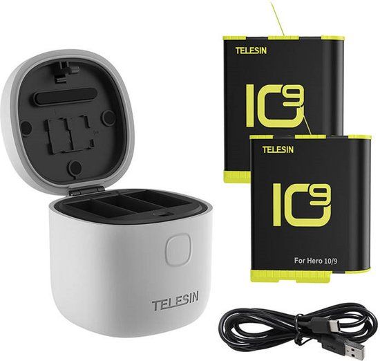 Telesin 3-slot waterdichte oplader Allin box voor GoPro Hero 9 / Hero 10 + 2 batterijen