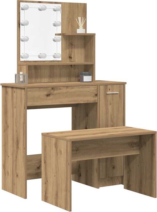 vidaXL Kaptafelset met LED-verlichting bewerkt hout oud houtkleurig