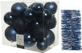 Kaemingk B.V. Décoration de Noël boules de Noël en plastique 6-8-10 cm avec guirlandes en aluminium bleu foncé 28 pièces