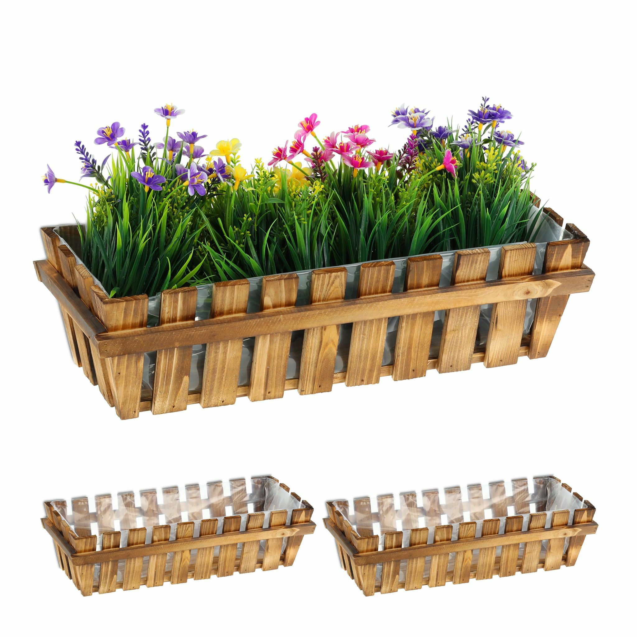 Relaxdays Plantenbak hout - set van 3 - balkonbak - rechthoekig - bloembak - natuur