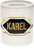 Bellatio Decorations Shoppartners Bv Spaarpot met voornaam Karel - wit - met goud/zwart embleem - 8 x 9 cm - keramiek - met afsluitdop - cadeau verjaardag