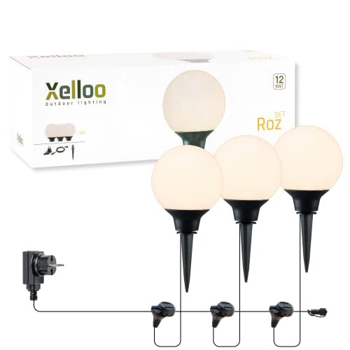 Xelloo Xelloo® Tuinverlichtingsset ROZ, 12 Volt, 3 stuks designarmaturen 1W LED warmwit met grondspies, waterdicht (IP44) en met praktische schuifaansluiting