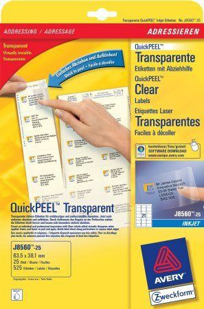 Avery Zweckform J8560-25 - Etiketten - Inkjet - A4 - 63.5 x 38.1 mm - Transparant - 525 stuks