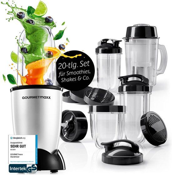 GOURMETmaxx Mr. Magic Power Pro-blender 400 watt | Smoothiemaker met meeneemdeksel | Staande blender met mengbeker en vershouddeksel voor bewaren | Blender met XL-accessoireset voor shakes, smoothies enz.