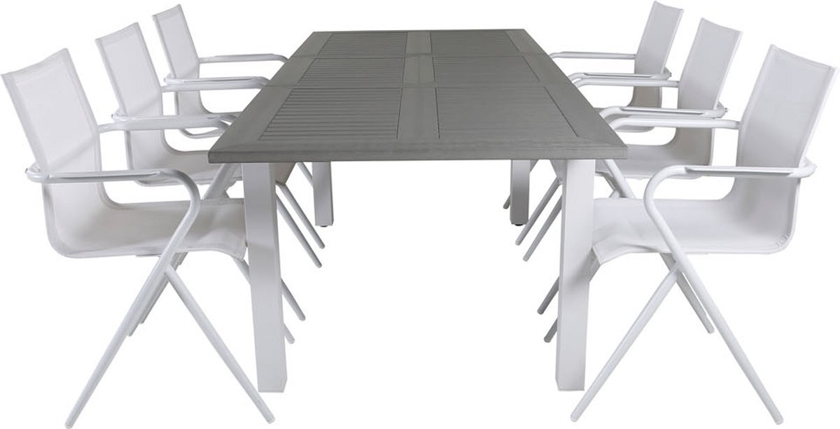 Hioshop Albany tuinmeubelset tafel 90x160/240cm en 6 stoel Alina wit, grijs.