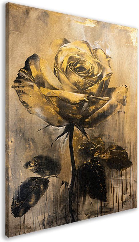 Merkloos / Sans marque Roos Portret Canvas Schilderij - 40x60cm - Modern - Bladeren - Zwart/Goud/Beige