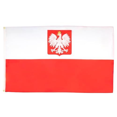 Poland Flag with Eagle Emblem - 250x150 cm - Polish Coat of Arms - Large Flags 150 x 250 cm - Banner 5x8 ft - High Quality - AZ FLAG