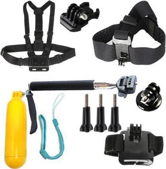 6-in-1 Sports Accessoires Set - Head, Chest & Wrist Strap, Selfie Stick, Bobber & Base Adapter - Compatible with GoPro, SJCAM, Xiaomi & More