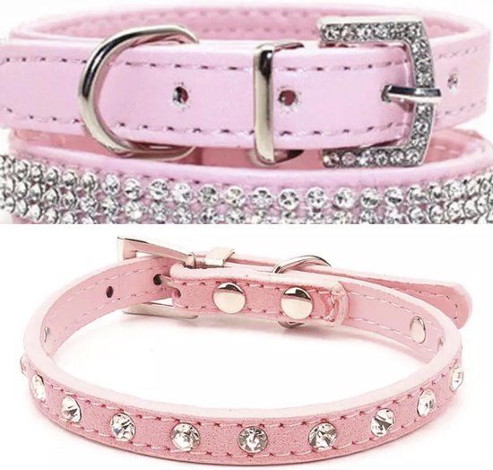 Roze Leren & Suède Honden Halsband - 2 Stuks - XS - 21-28 CM - Kleine Honden
