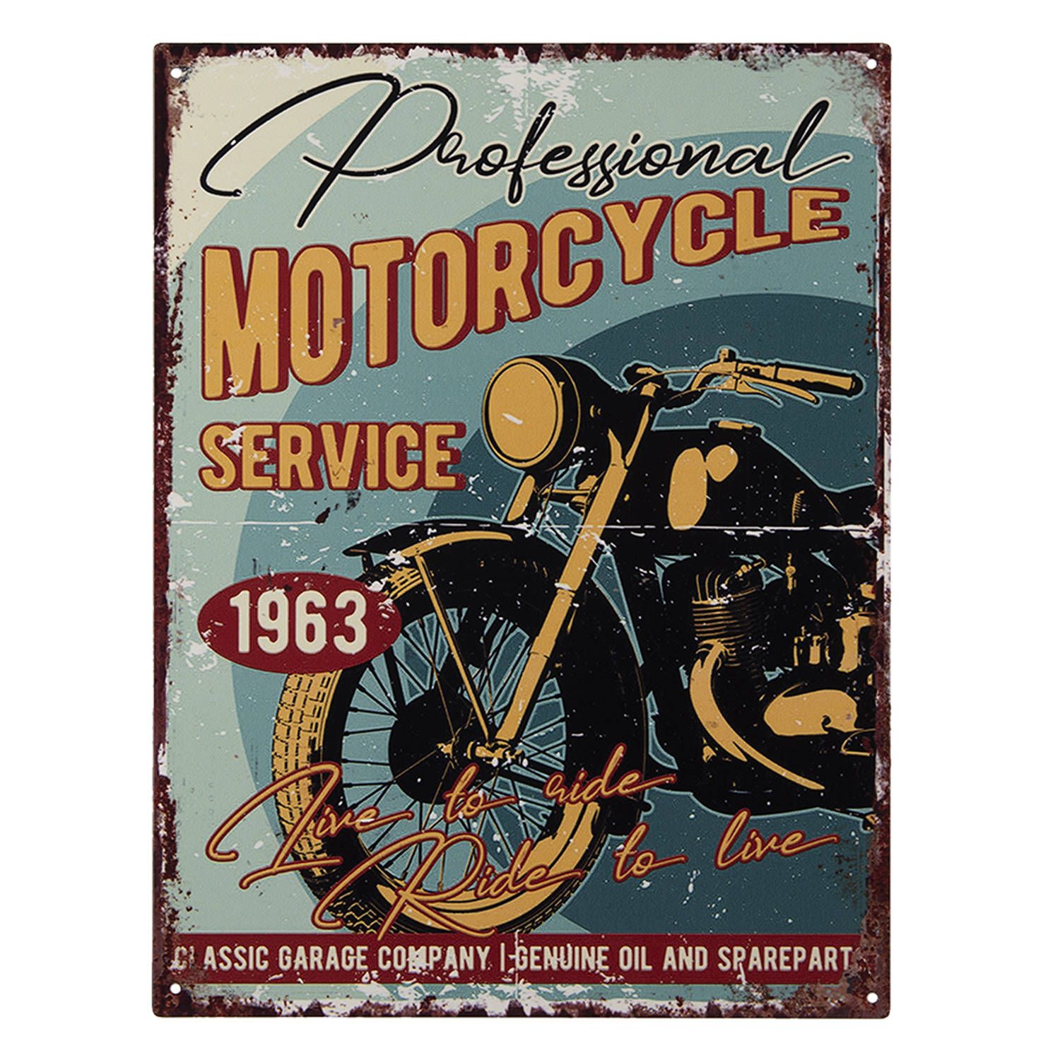 Clayre & Eef Tekstbord - 25x33 cm - Blauw/Geel - Motorcycle - Metaal