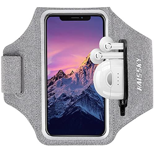 HAISSKY Sportarmband met zak voor hoofdtelefoon, sportarmband voor iPhone 17 Pro Max 16 Pro 15 14 13 12 Plus, telefoonarmband voor smartphone, hardlopen, voor joggen, fietsen, wandelen