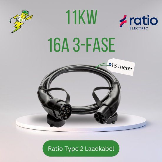 Ratio e-line Laadkabel auto | Type 2 - Type 2 | 11 kW | 15 meter | Zwart