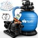 tillvex® Filtre à sable pour piscine avec minuterie Bleu 13.200L/h jusqu'à 40.000L + 1200g de billes filtrantes | Système de filtration 7 voies et adaptateur 2 en 1 Ø32-38mm | Filtre de piscine auto-amorçant | Filtre à sable pour piscine
